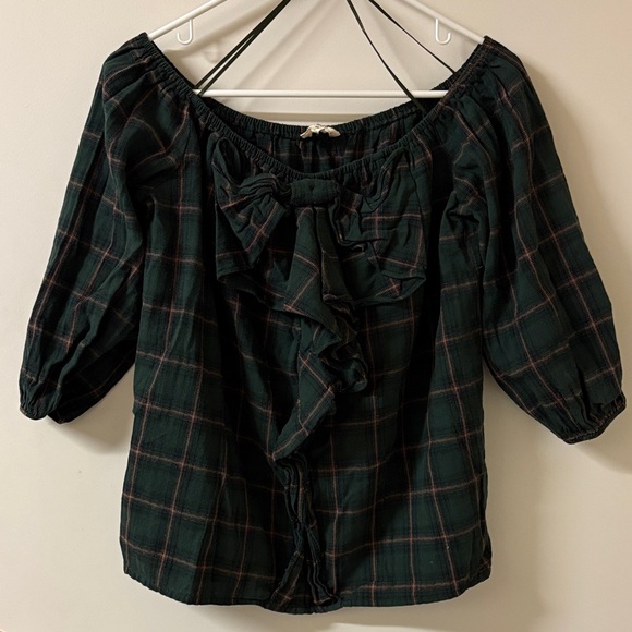 Entro Green Plaid Off-Shoulder Blouse - Picture 1 of 3